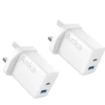 شاحن جداري ANKA 20W بمنفذين (USB-C + USB-A)، شحن سريع 3 أضعاف، حماية متعددة، متوافق مع آيفون وأجهزة ذكية، تصميم صغير ومحمول